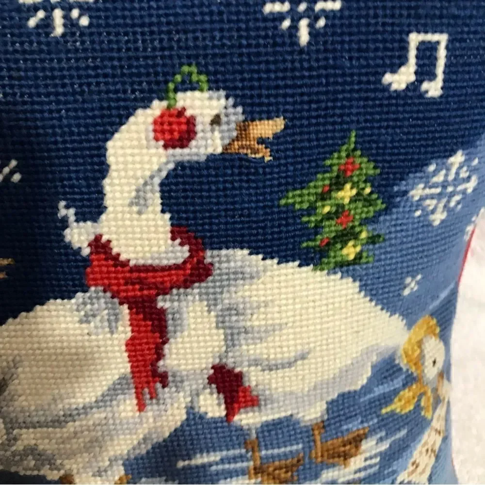 Steinway Vtg Christmas Needlepoint Geese Throw Pillow
